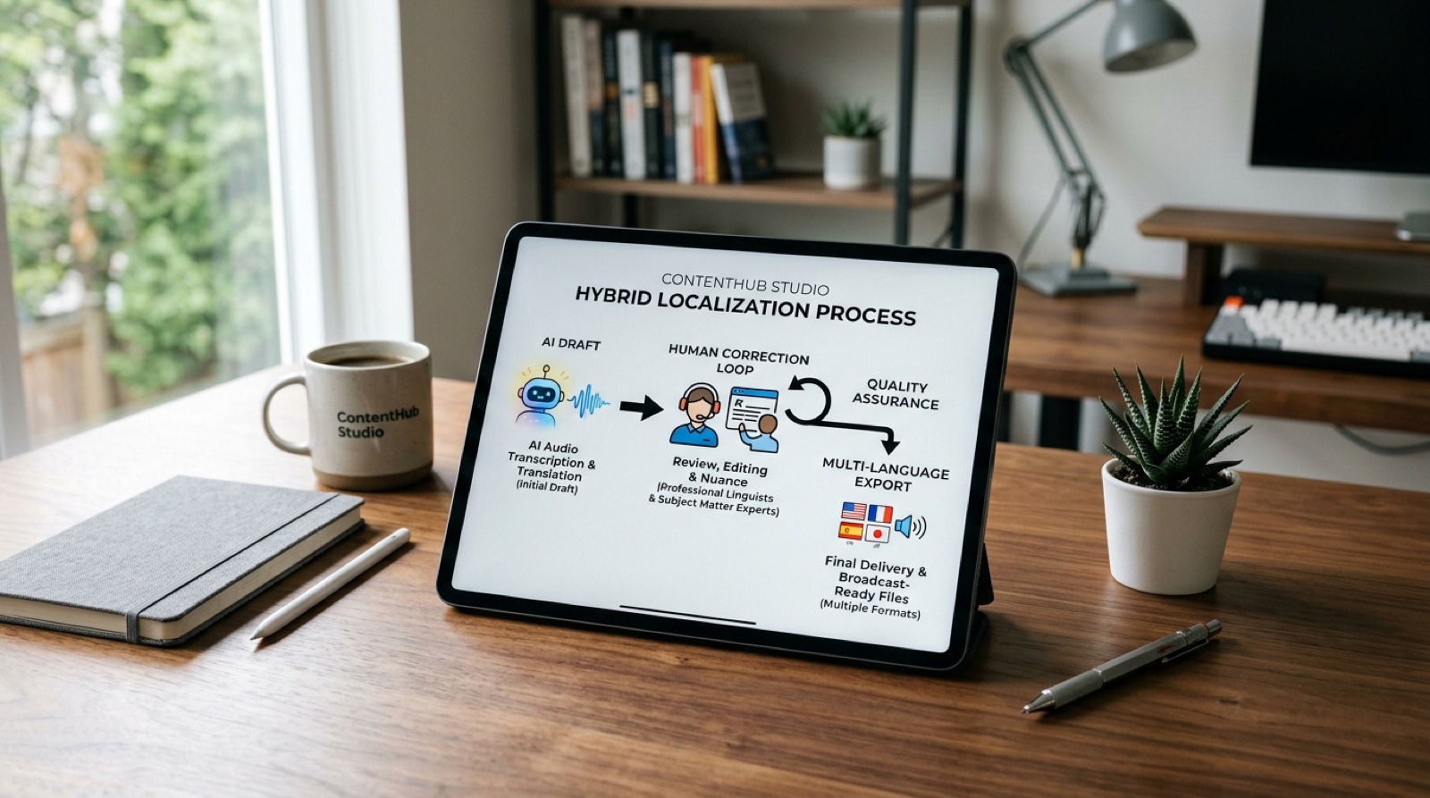 Ablaufdiagramm des hybriden Lokalisierungsprozesses mit Dictem Studio: Zeigt den Weg einer Audiodatei vom ersten KI-Entwurf über die menschliche Korrekturschleife bis zum fertigen Export in mehrere Sprachen.