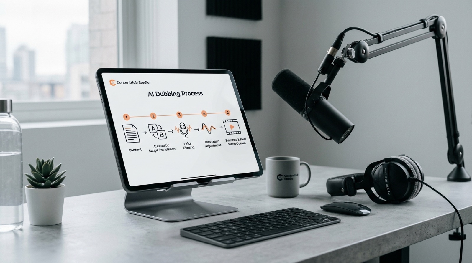 Workflow-Diagramm zum KI-Dubbing mit automatischem Voice Cloning und Intonationsanpassung im Dictem Studio.